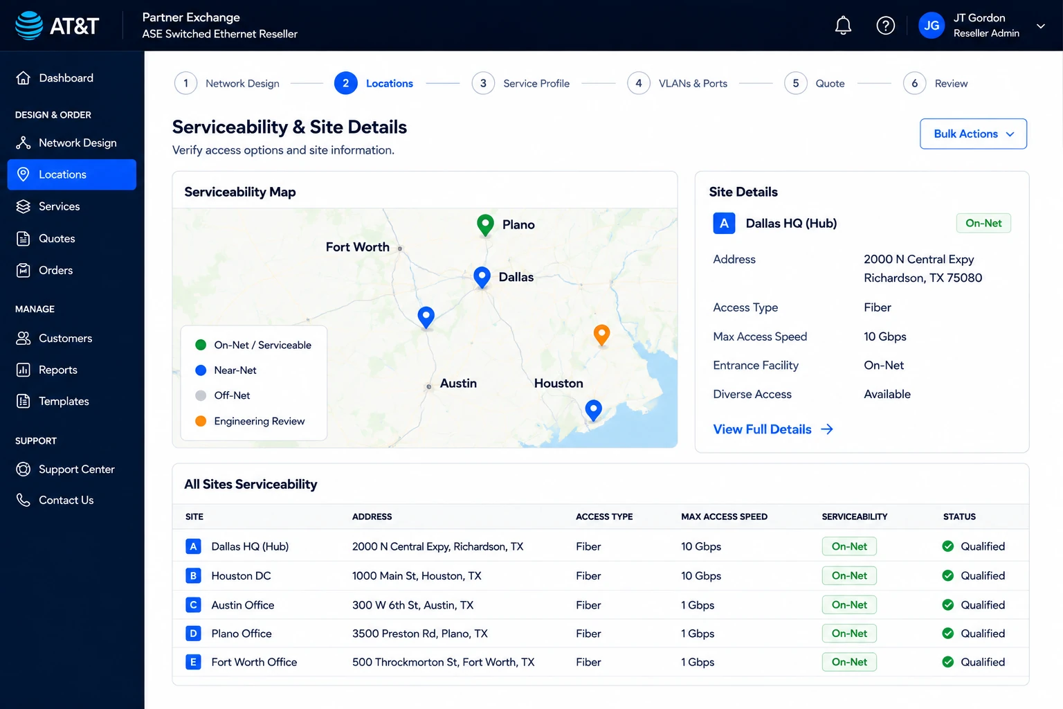 Serviceability and site details screen with a map of the Dallas–Fort Worth and Houston areas showing on-net, near-net and off-net locations, beside a table qualifying five sites by access type, maximum speed and serviceability status.