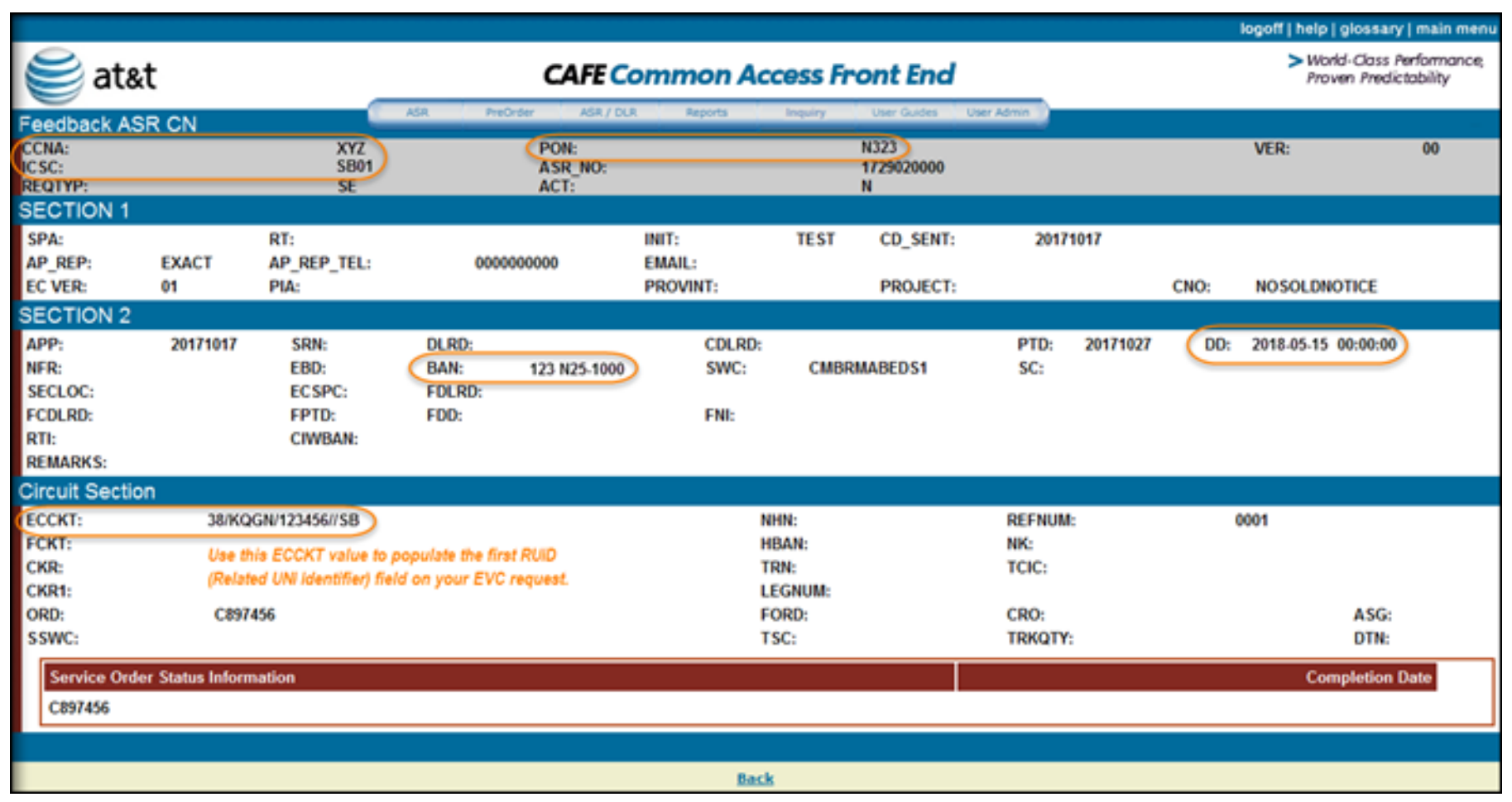 AT&T CAFE (Common Access Front End) ASR feedback screen, showing fields for CCNA, ICSC, PON, ASR number, BAN, ECCKT circuit identifier, due date and service order status, with a note instructing the user to carry the ECCKT value into the related EVC request.