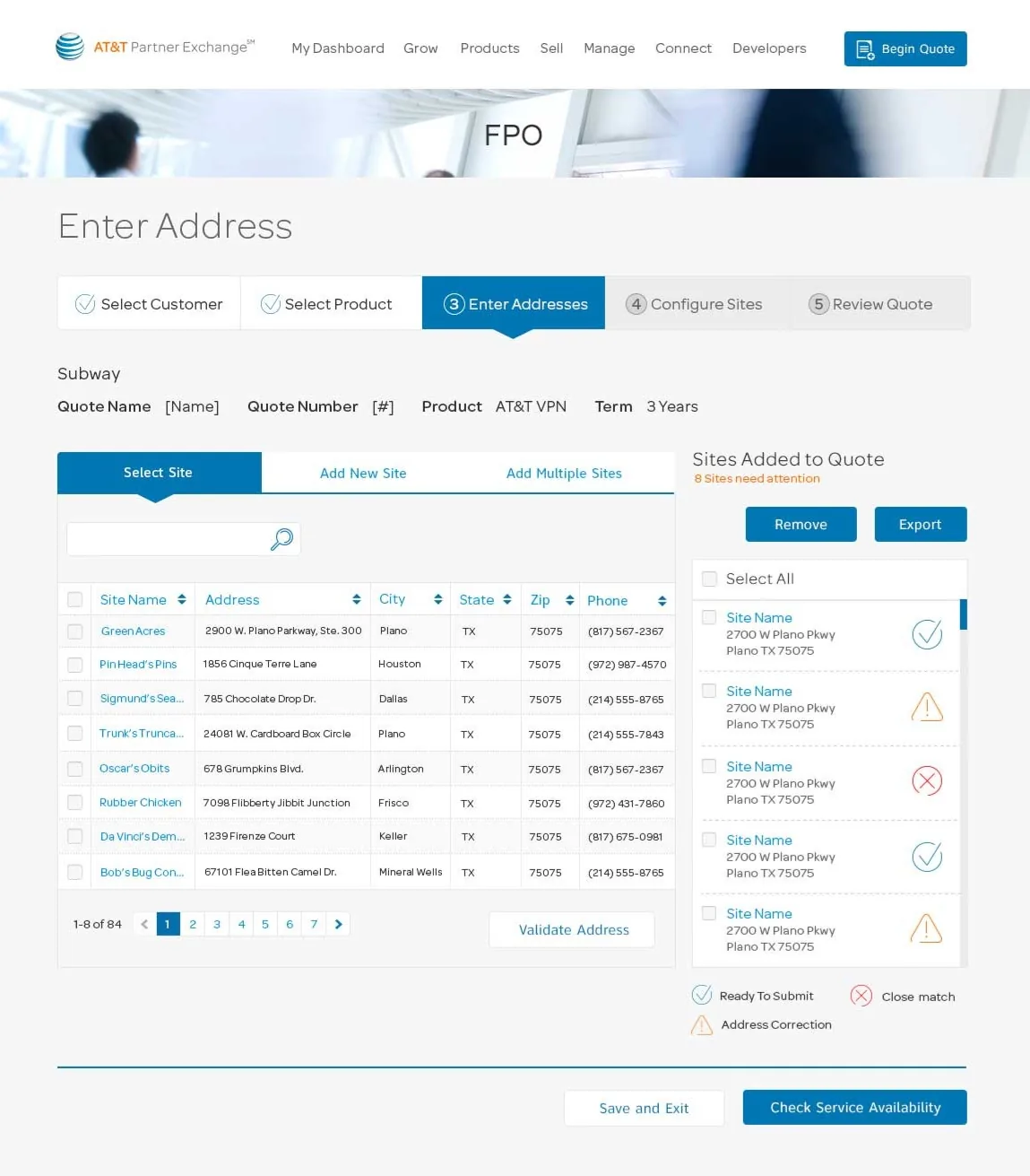 Partner Exchange ordering screen at the Enter Address step, showing a five-step progress bar reading Select Customer, Select Product, Enter Addresses, Configure Sites and Review Quote, with a searchable table of customer sites on the left and a Sites Added to Quote panel on the right marking each address as ready to submit, a close match, or needing correction.