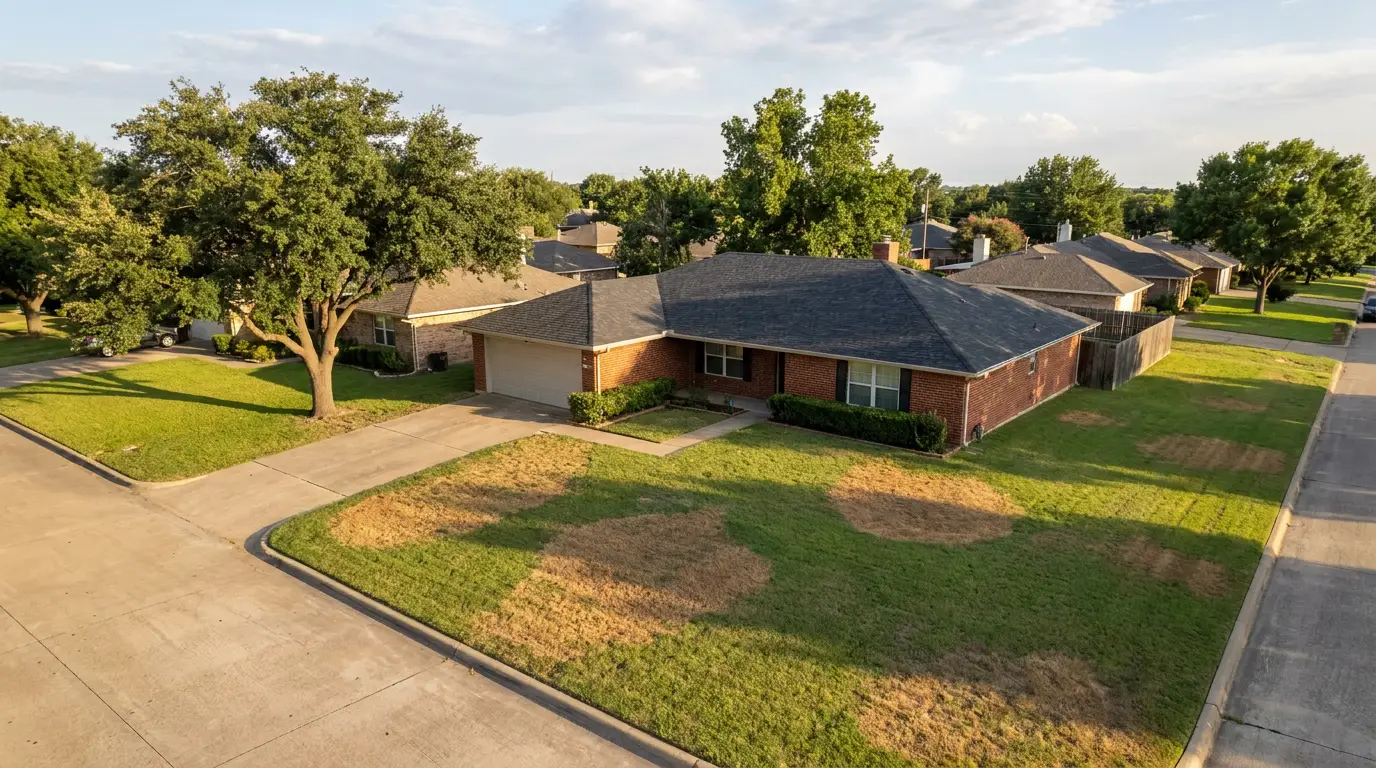 A single-story brick home in North Texas with a bermuda grass lawn showing a few heat-stressed patches. Avery has outlined the treatable lawn zones and detected 5,230 square feet.